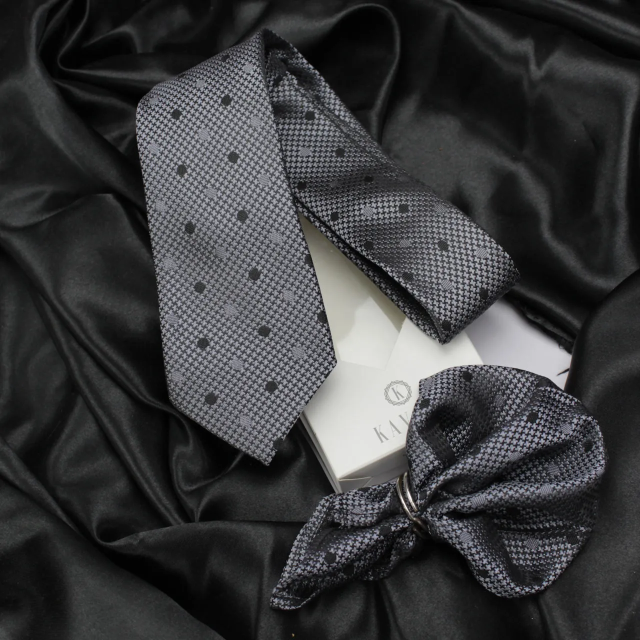 Kovove Black Polka Dot Necktie and Pocket Square Gift Box