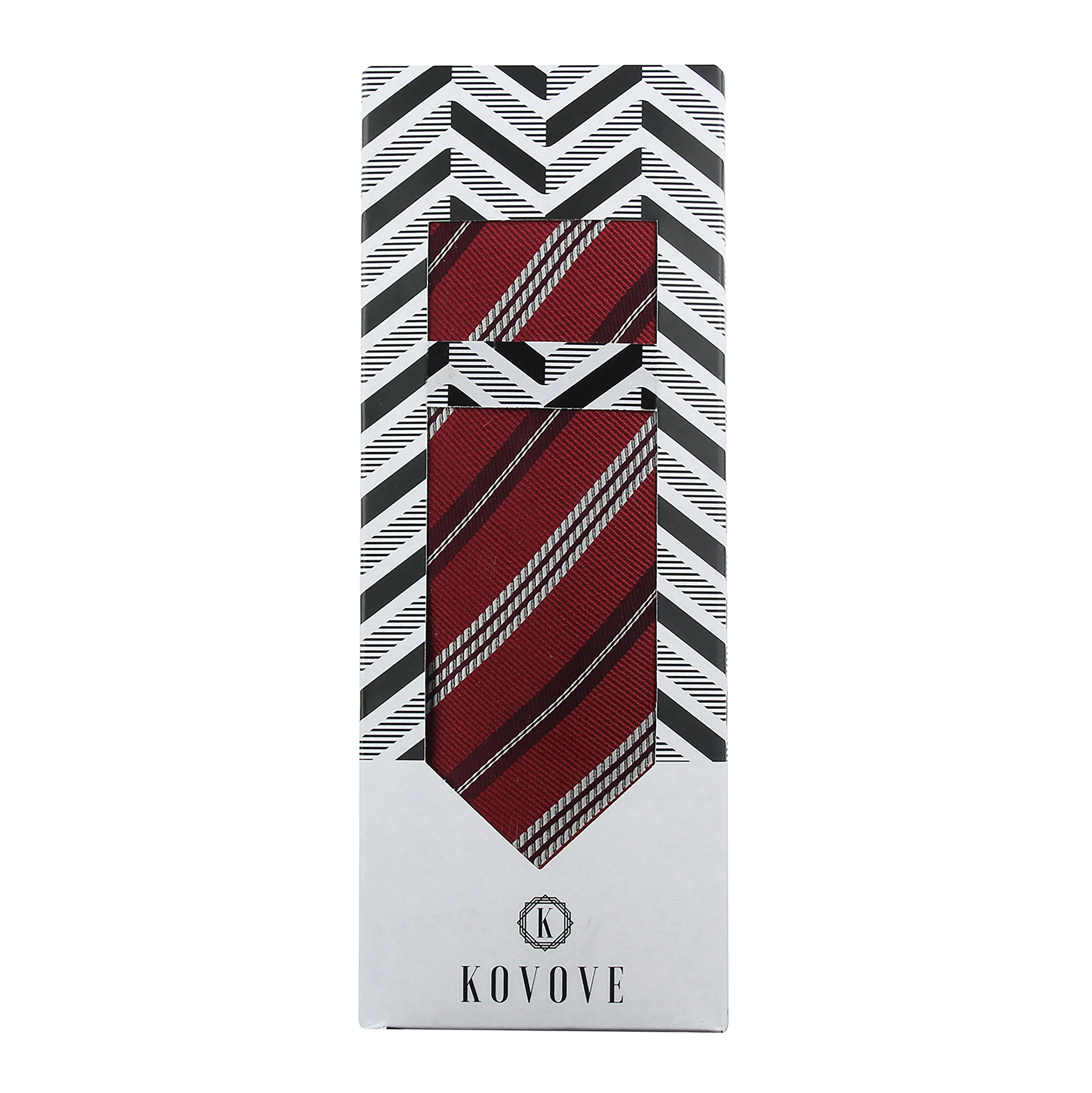 Kovove Red Striped Necktie and Pocket Square Gift Box