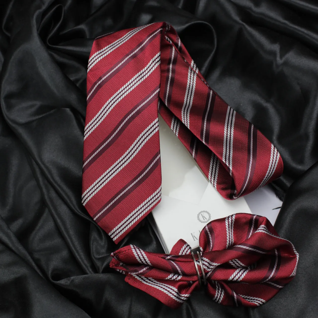 Kovove Red Striped Necktie and Pocket Square Gift Box