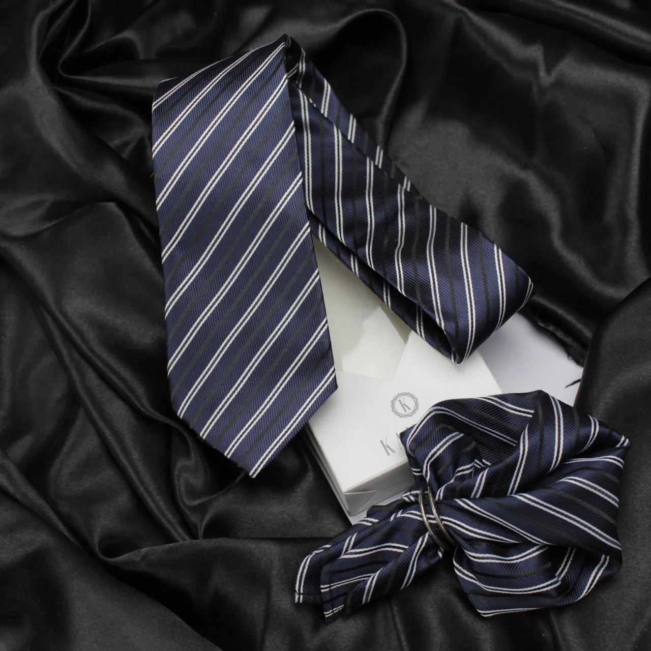 Kovove The Blue Treat Striped Necktie and Pocket Square Gift Box