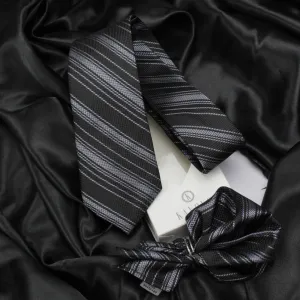 Kovove The Trend Setter Striped  Black Necktie and Pocket Square Gift Box