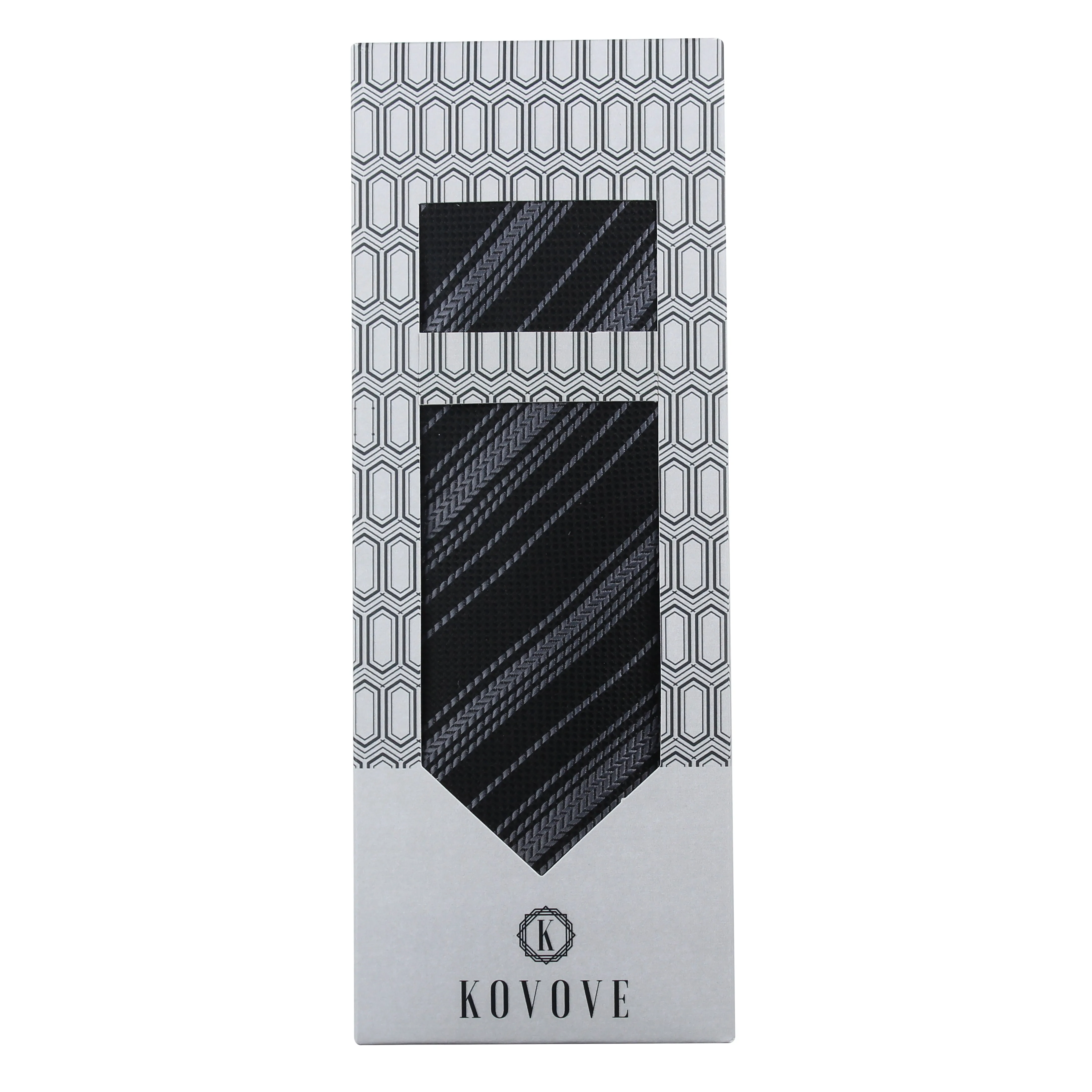 Kovove The Trend Setter Striped  Black Necktie and Pocket Square Gift Box