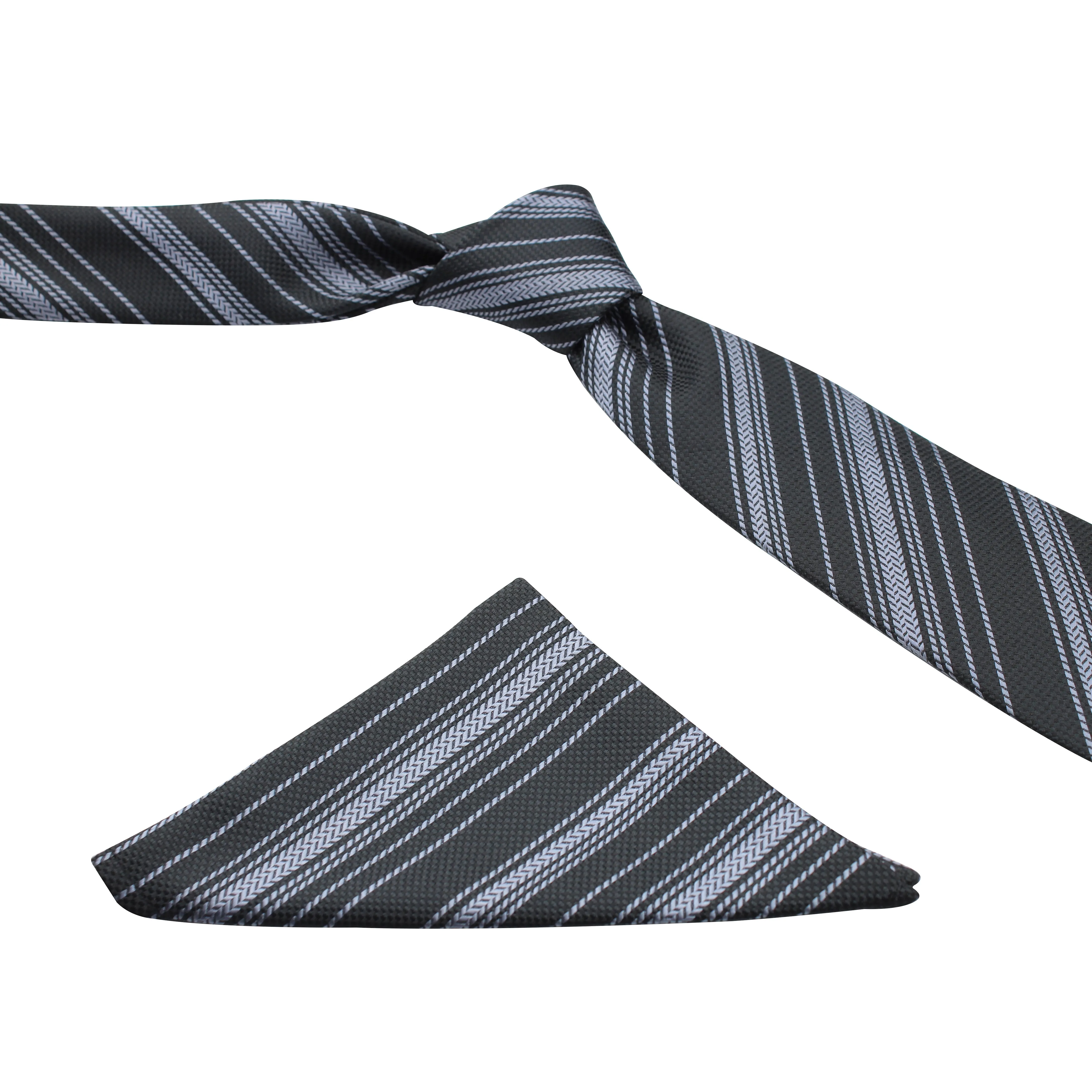 Kovove The Trend Setter Striped  Black Necktie and Pocket Square Gift Box