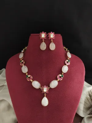 Kundan Necklace Set with Jadau Kundan & Quartz in Floral Design