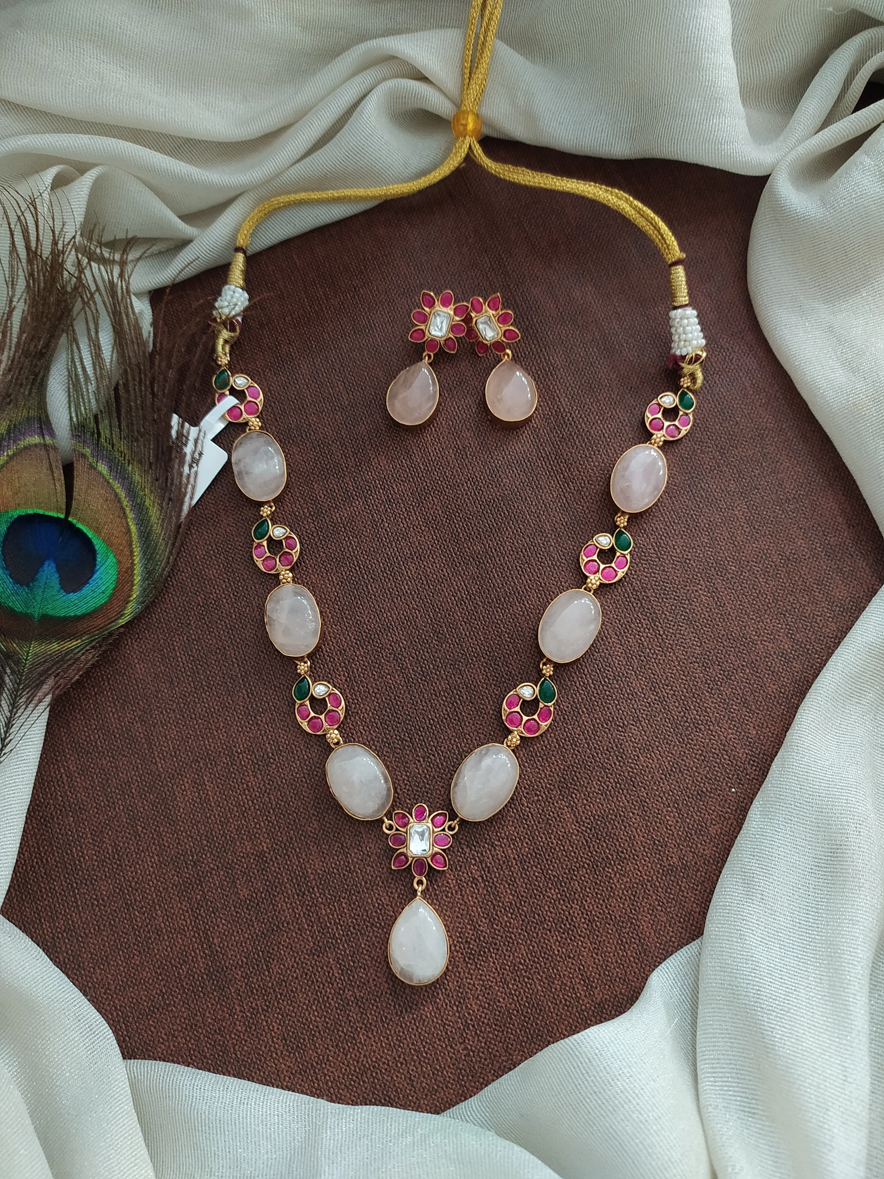 Kundan Necklace Set with Jadau Kundan & Quartz in Floral Design