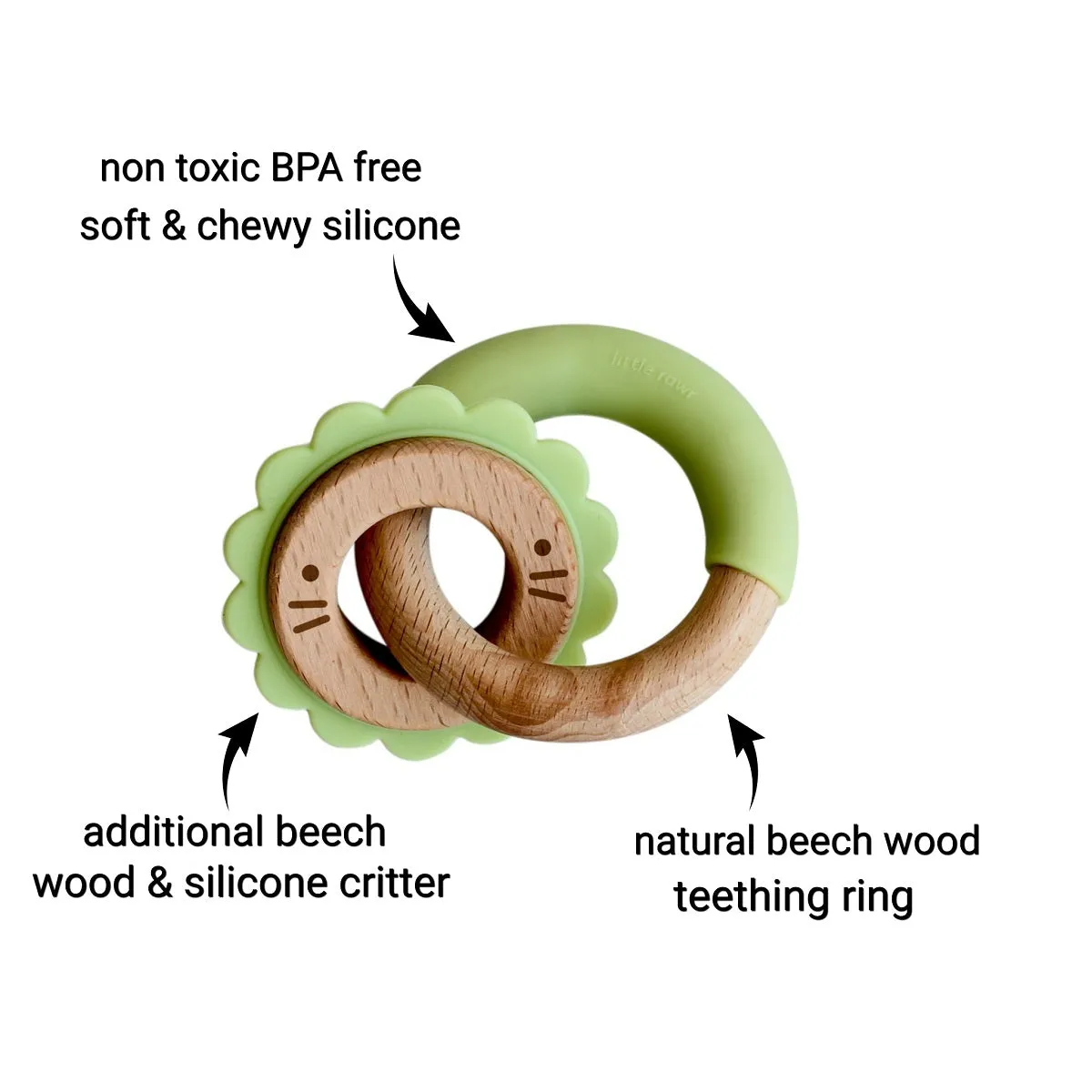 Little Rawr - Wood   Silicone Disc & Ring Teether & D Shape Teether Combo - Green