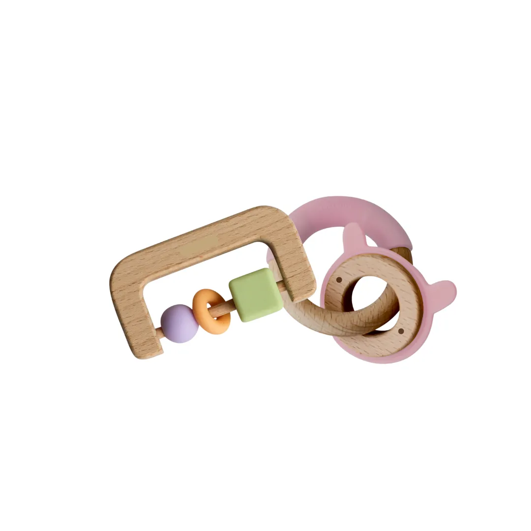 Little Rawr - Wood   Silicone Disc & Ring Teether & D Shape Teether Combo - Pink