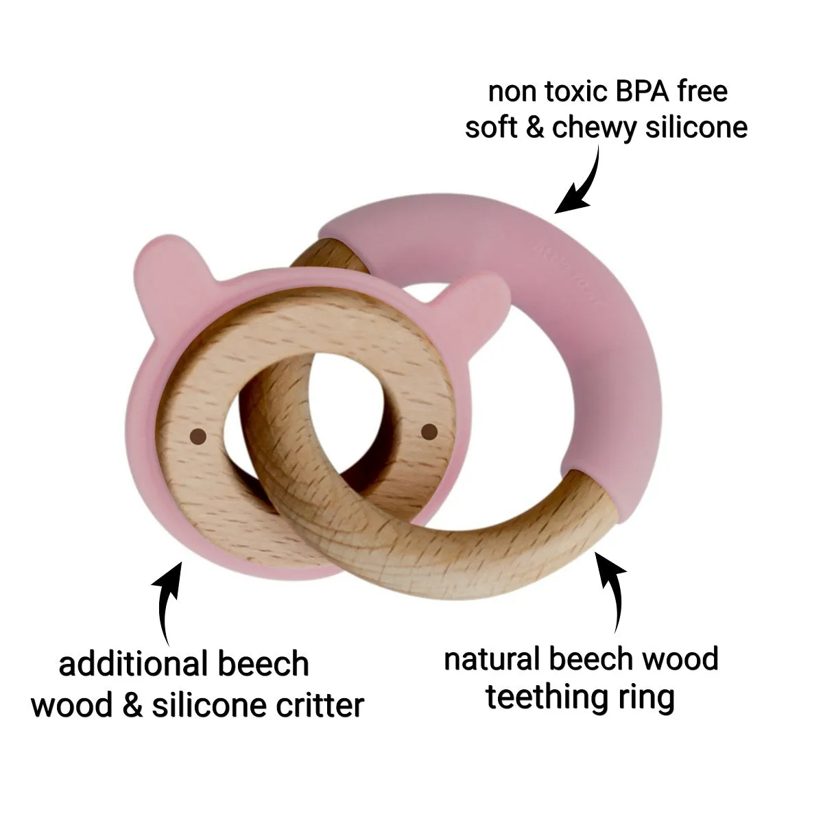 Little Rawr - Wood   Silicone Disc & Ring Teether & D Shape Teether Combo - Pink