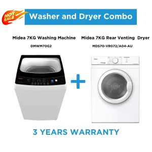 Midea 7kg White Laundry Combo - 7KG Top Load Washing Machine   7kg Vented Drye  | 3 Years Warranty |