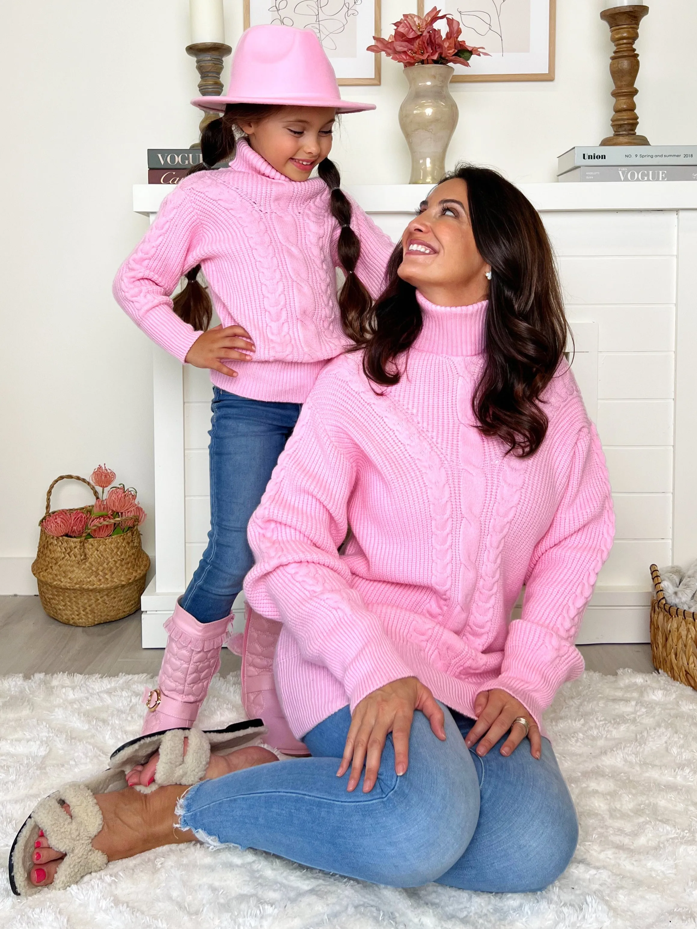 Mommy And Me Pink Oversized Cable Knit Sweater