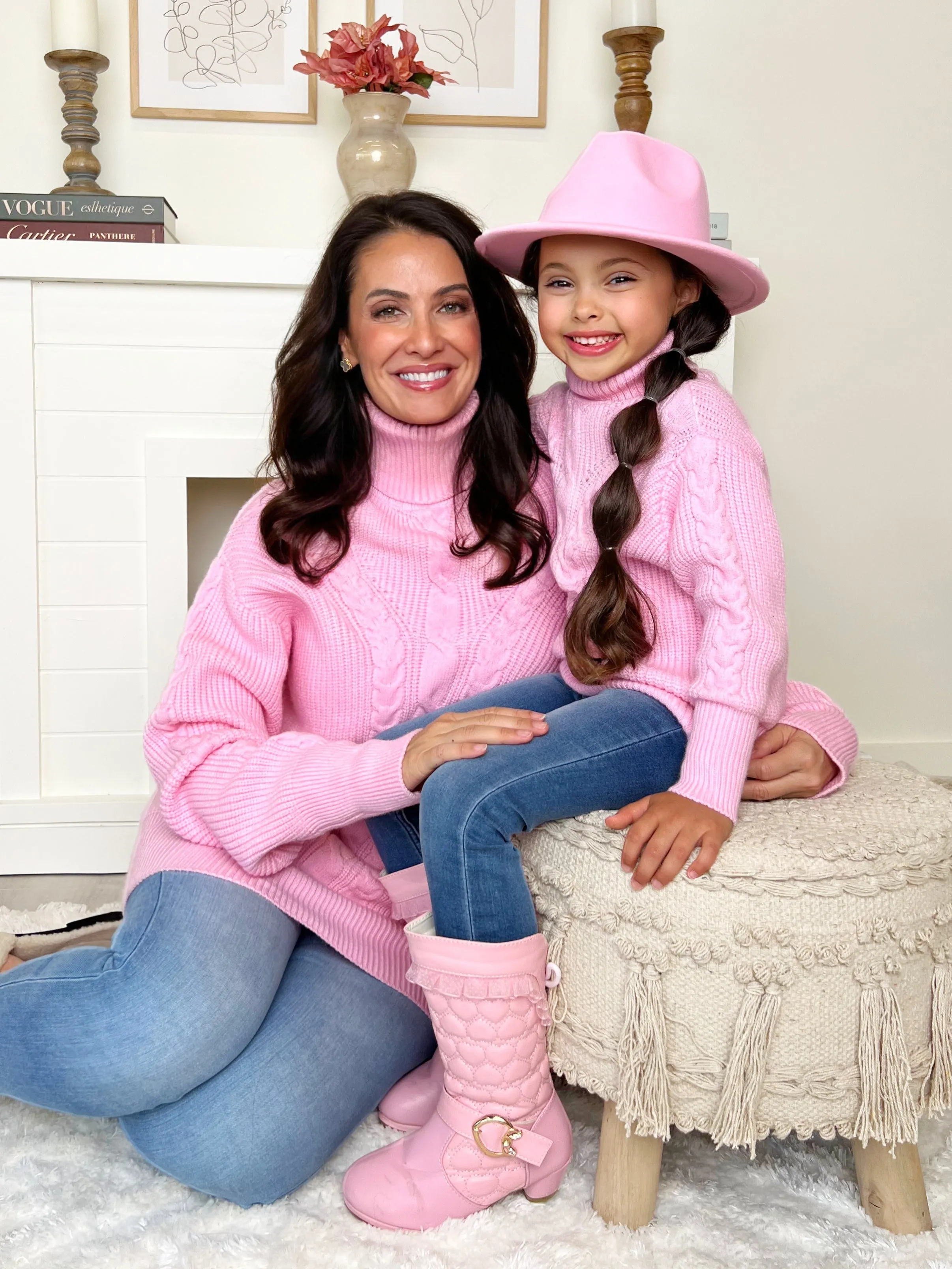 Mommy And Me Pink Oversized Cable Knit Sweater