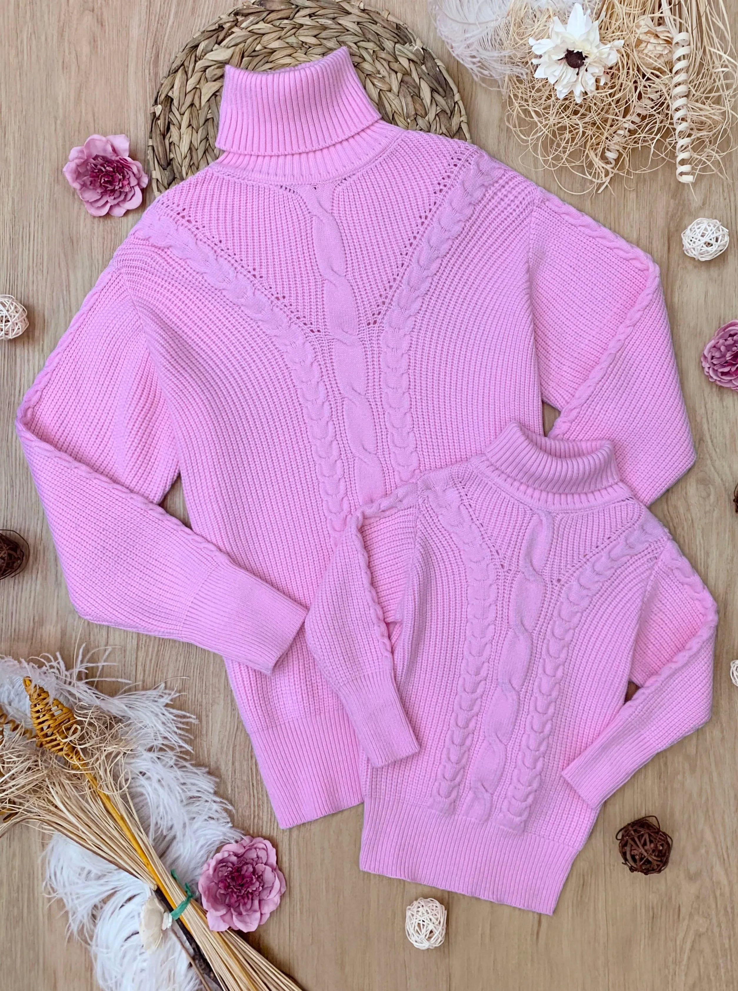 Mommy And Me Pink Oversized Cable Knit Sweater