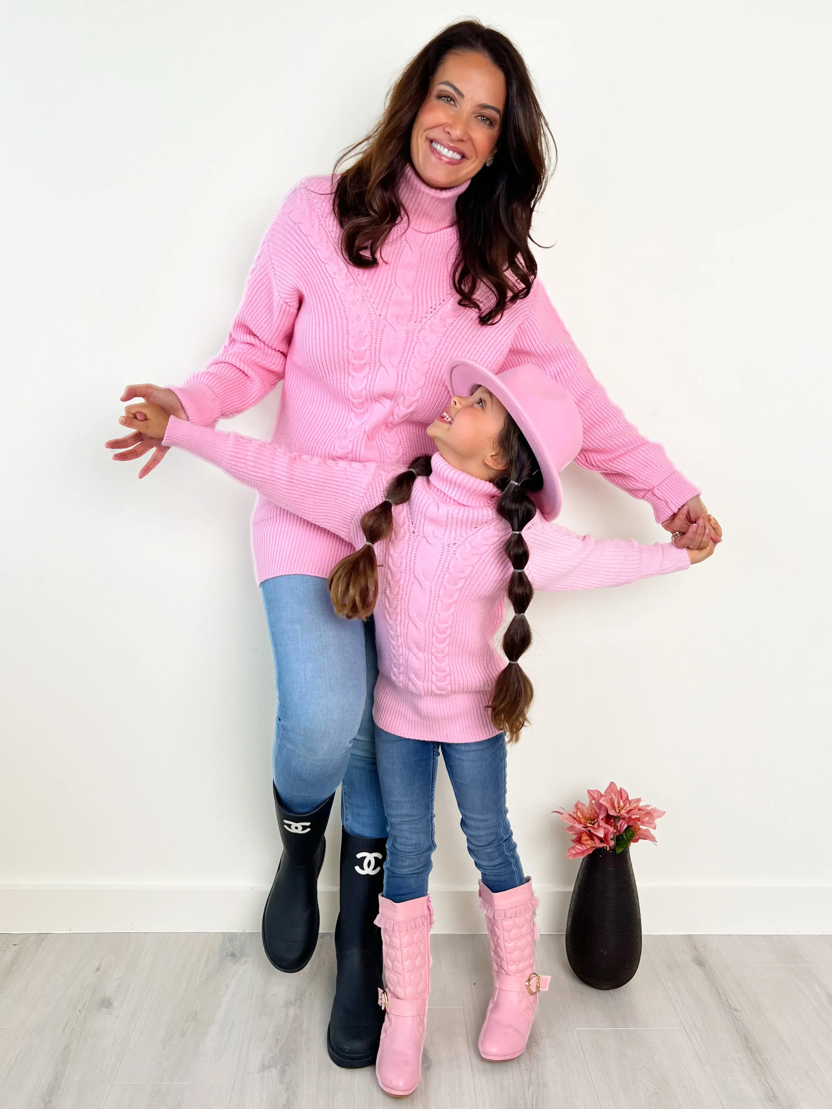 Mommy And Me Pink Oversized Cable Knit Sweater