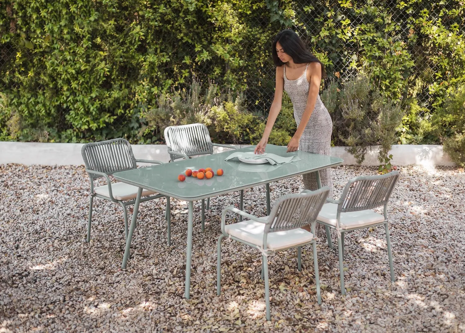 Mymigos 4 Seater Outdoor Garden Balcony Iron Rope Modern Clasic Dining Set Chair and Long Table for Dining Room Sets (Celadon Green)