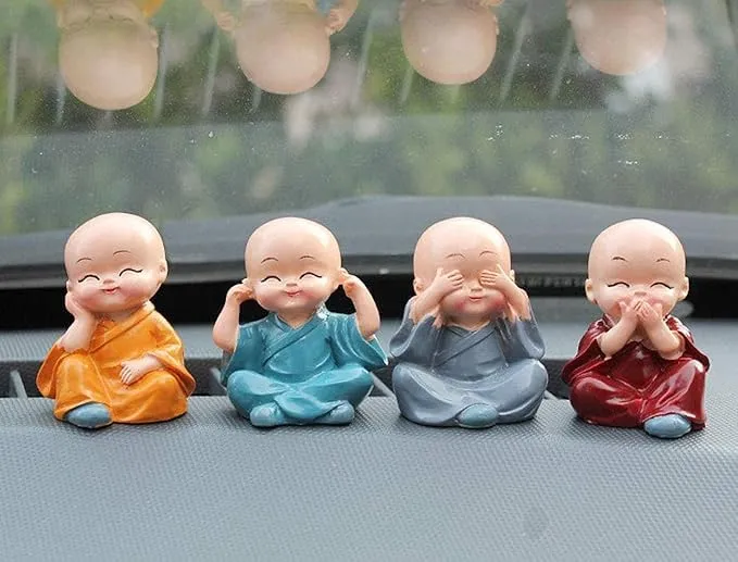 NESTIC Set of 4 Buddha MonkStatue Figurines Showpiece Cute Mini Buddha Idol Statue for Car Dashboard | Decoration Items Buddha for Table Decor Living Room Home