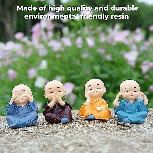 NESTIC Set of 4 Buddha MonkStatue Figurines Showpiece Cute Mini Buddha Idol Statue for Car Dashboard | Decoration Items Buddha for Table Decor Living Room Home