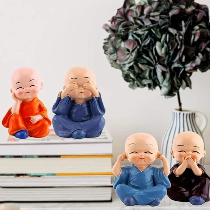 NESTIC Set of 4 Buddha MonkStatue Figurines Showpiece Cute Mini Buddha Idol Statue for Car Dashboard | Decoration Items Buddha for Table Decor Living Room Home