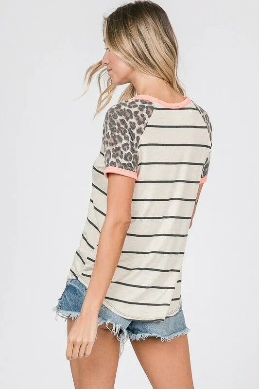 Oatmeal Coral Striped Leopard Raglan Top Womens Shirt Casual