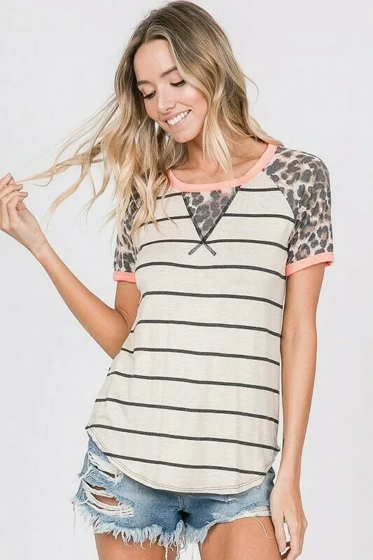 Oatmeal Coral Striped Leopard Raglan Top Womens Shirt Casual