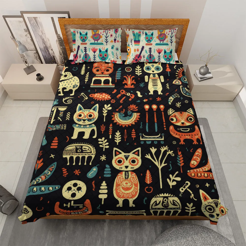 Quilted Bedding Set | Day of the Dead Colorful Comforters | Cute Halloween Bedspreads with matching Pillowcase