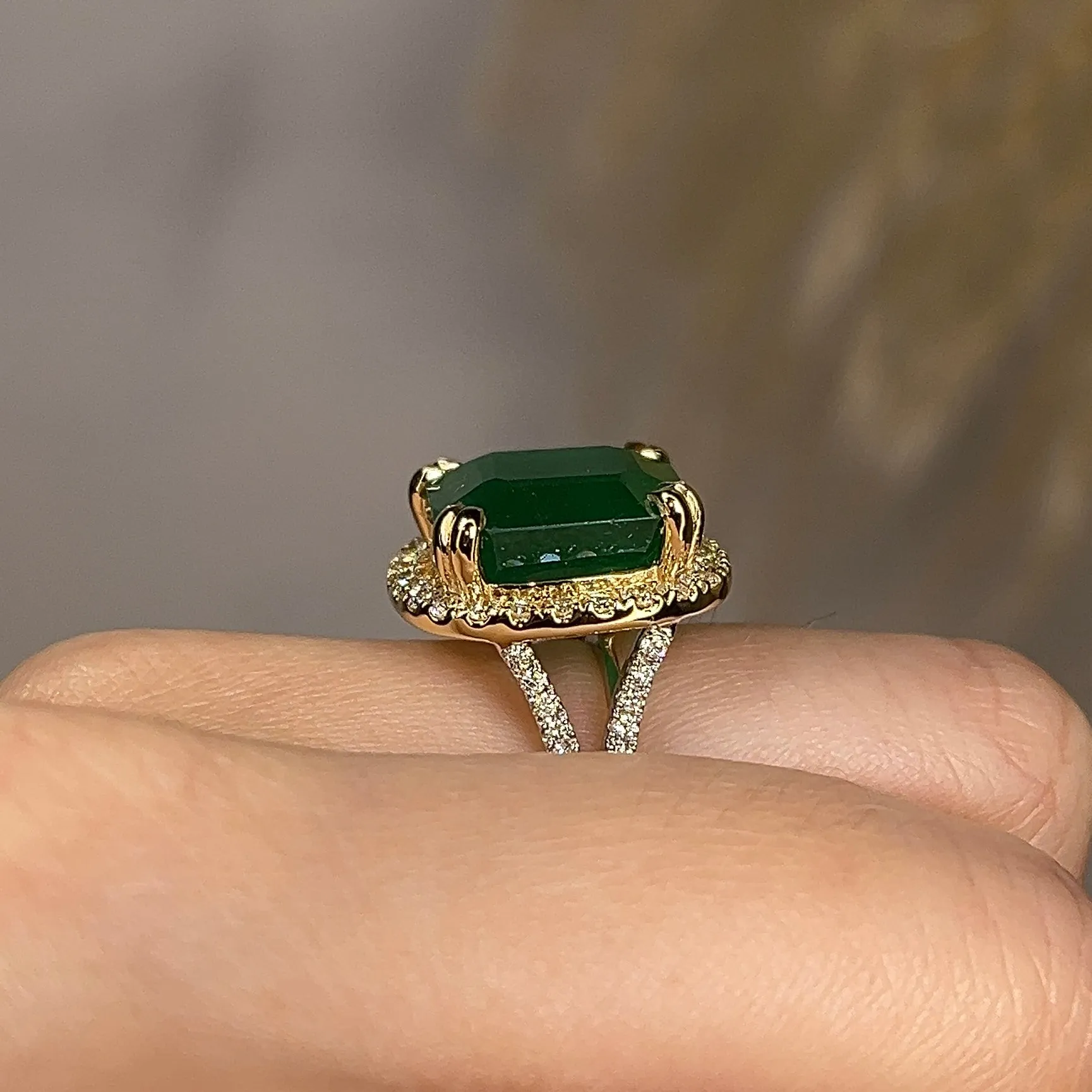 "Esme" Octagon 7.35 Carat Emerald Gem Halo Diamond Shoulder Ring