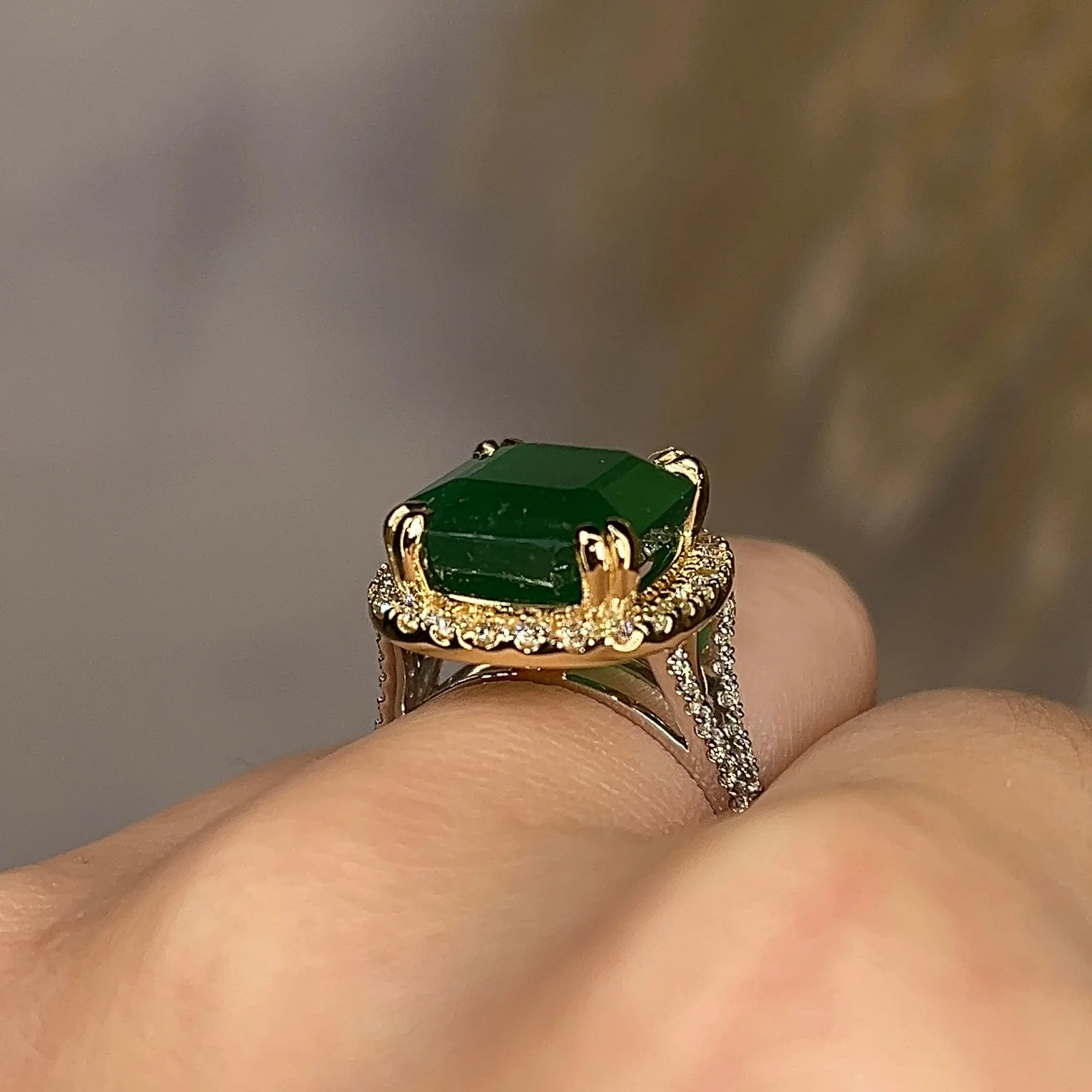 "Esme" Octagon 7.35 Carat Emerald Gem Halo Diamond Shoulder Ring