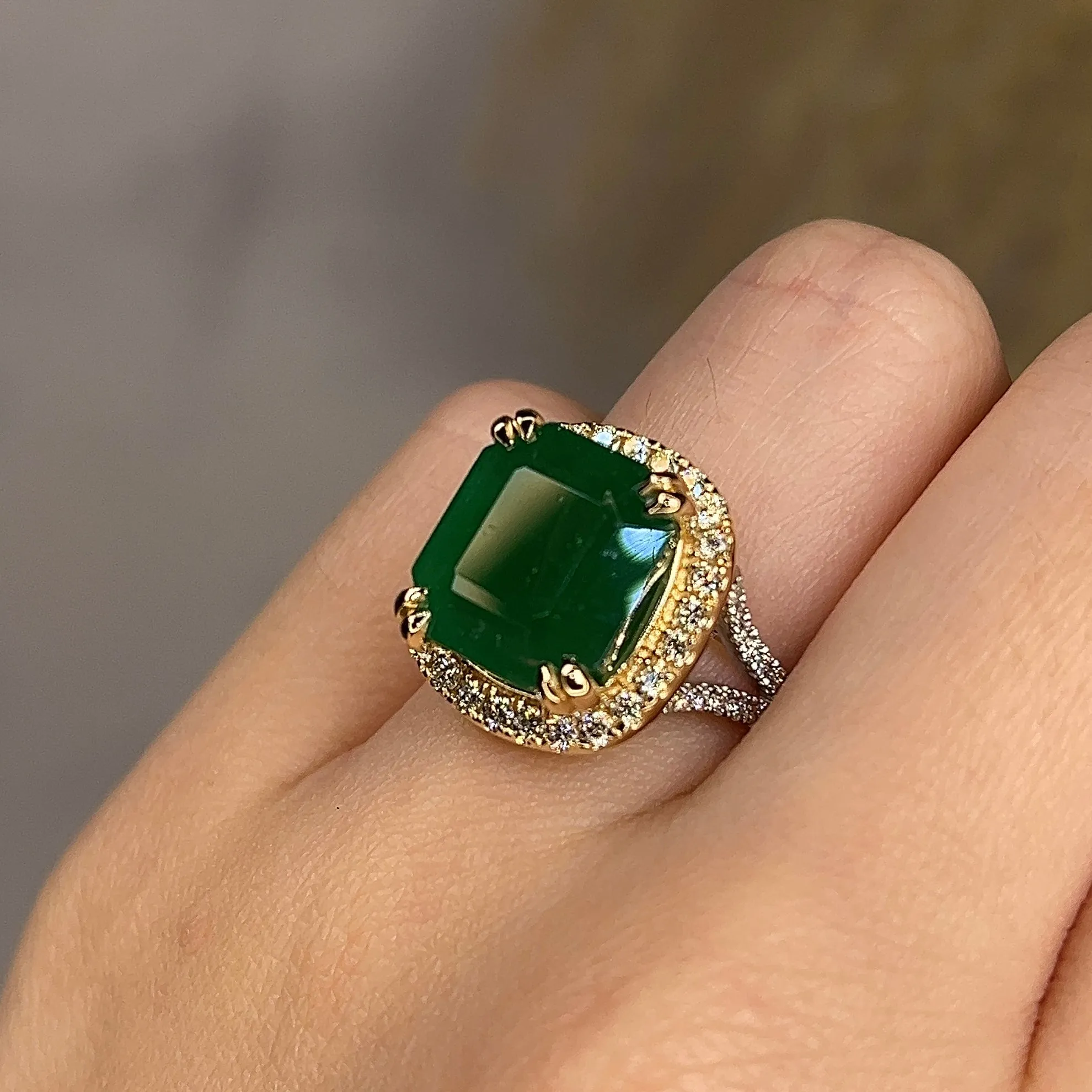 "Esme" Octagon 7.35 Carat Emerald Gem Halo Diamond Shoulder Ring