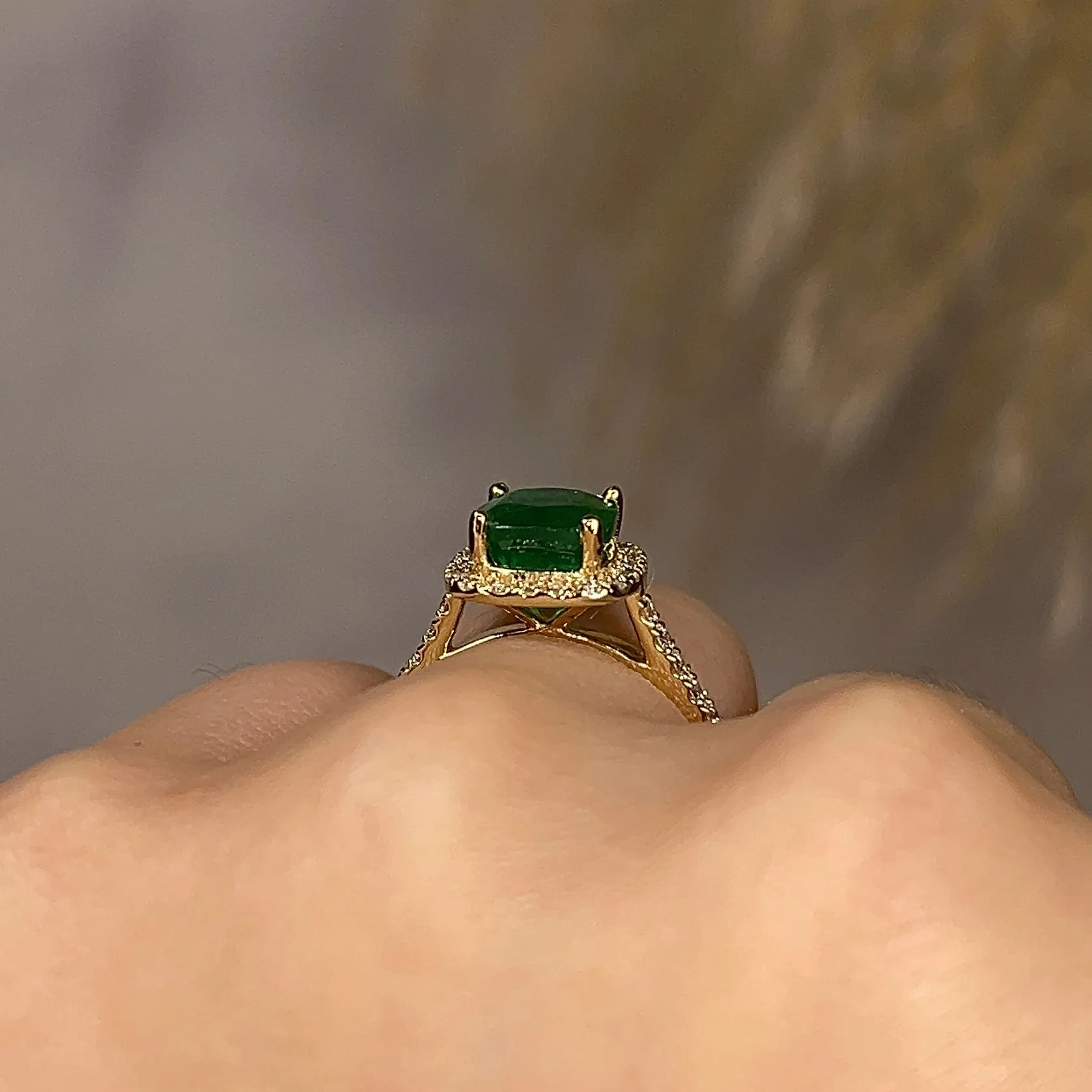 "Ines" 2.03 Carat Cushion Emerald Gem Halo Diamond Shoulder Ring