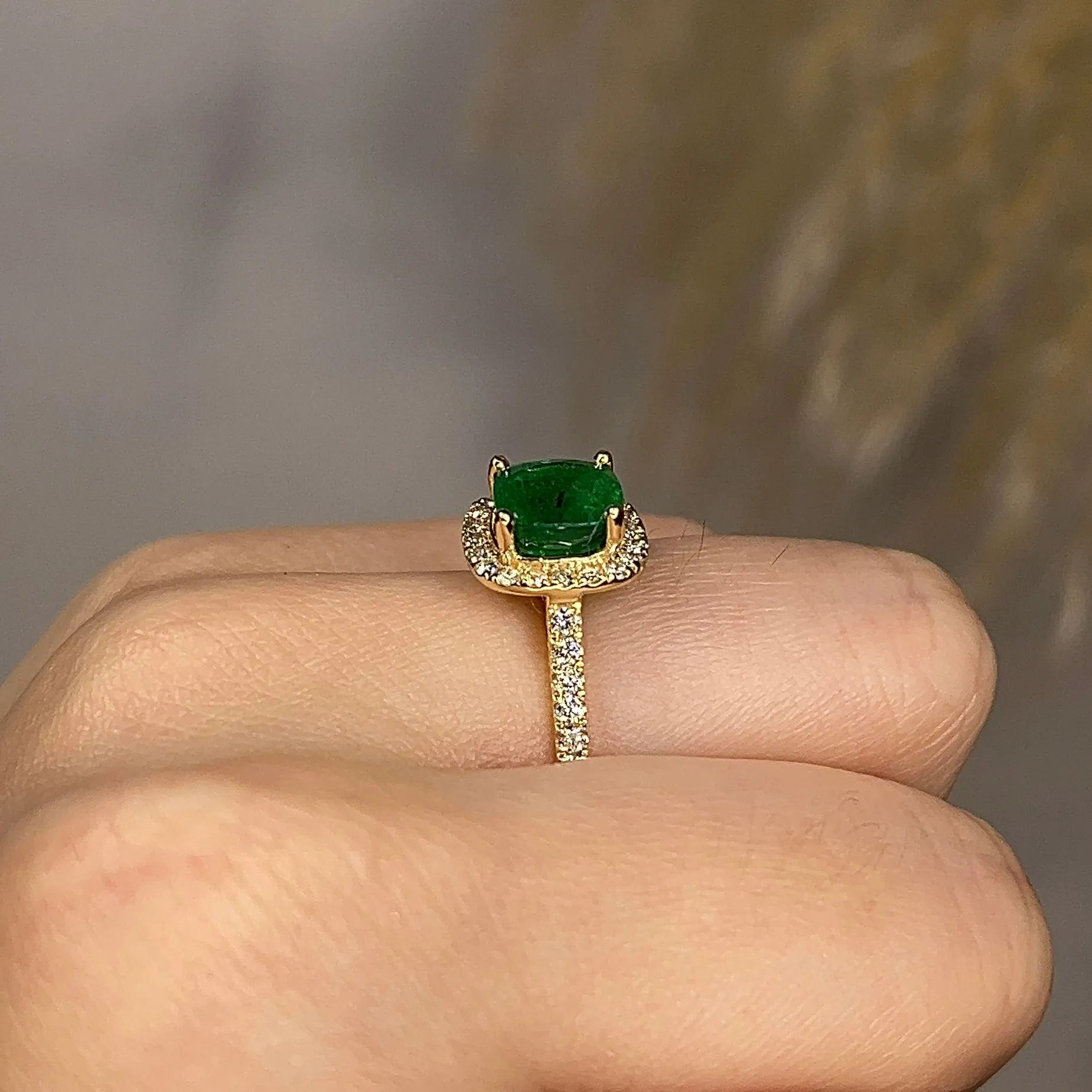 "Ines" 2.03 Carat Cushion Emerald Gem Halo Diamond Shoulder Ring