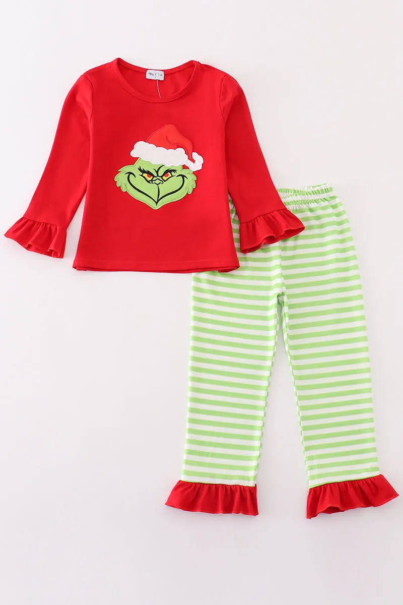 Red christmas grinch applique girl pajamas set