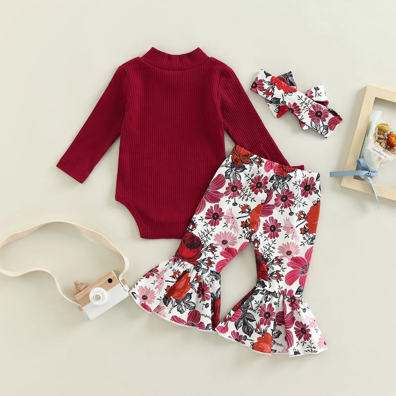 Red Floral Baby Girl Bell Bottom Set - 3 Pieces Set