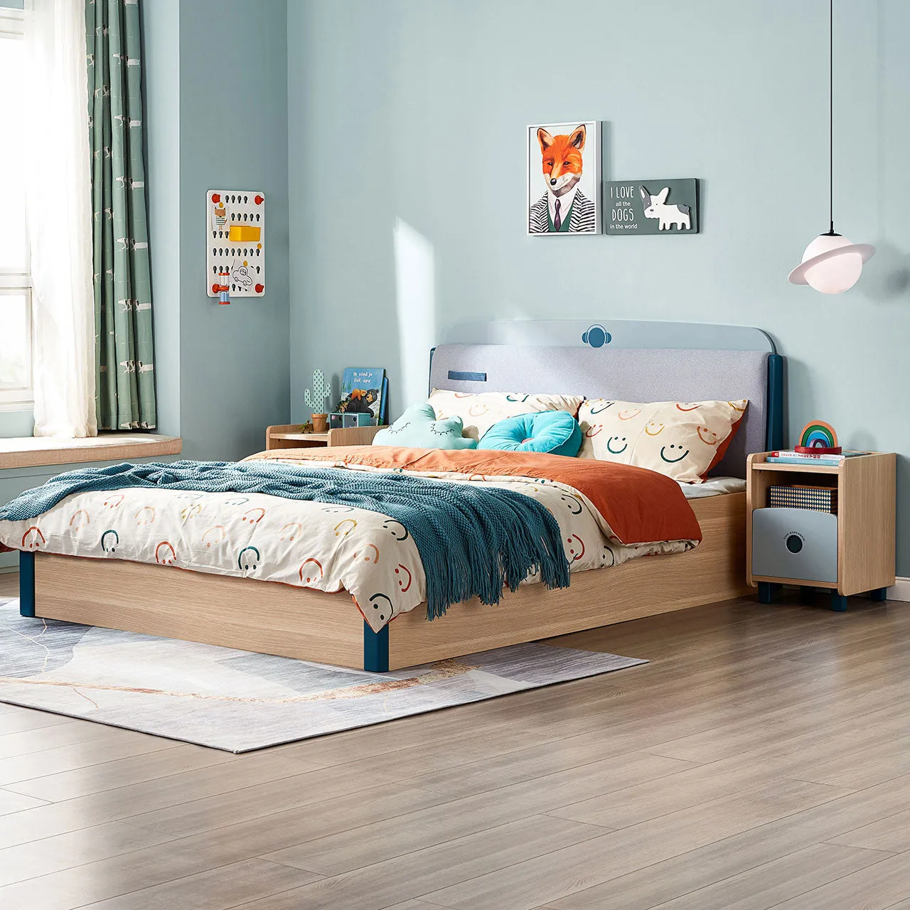 Single Blue Platform Bed Mattress Set and Storage