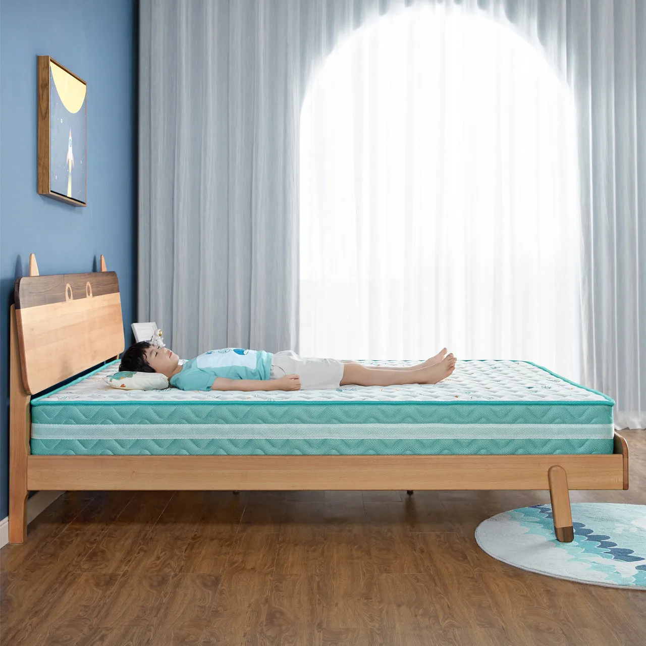 Single Blue Platform Bed Mattress Set and Storage