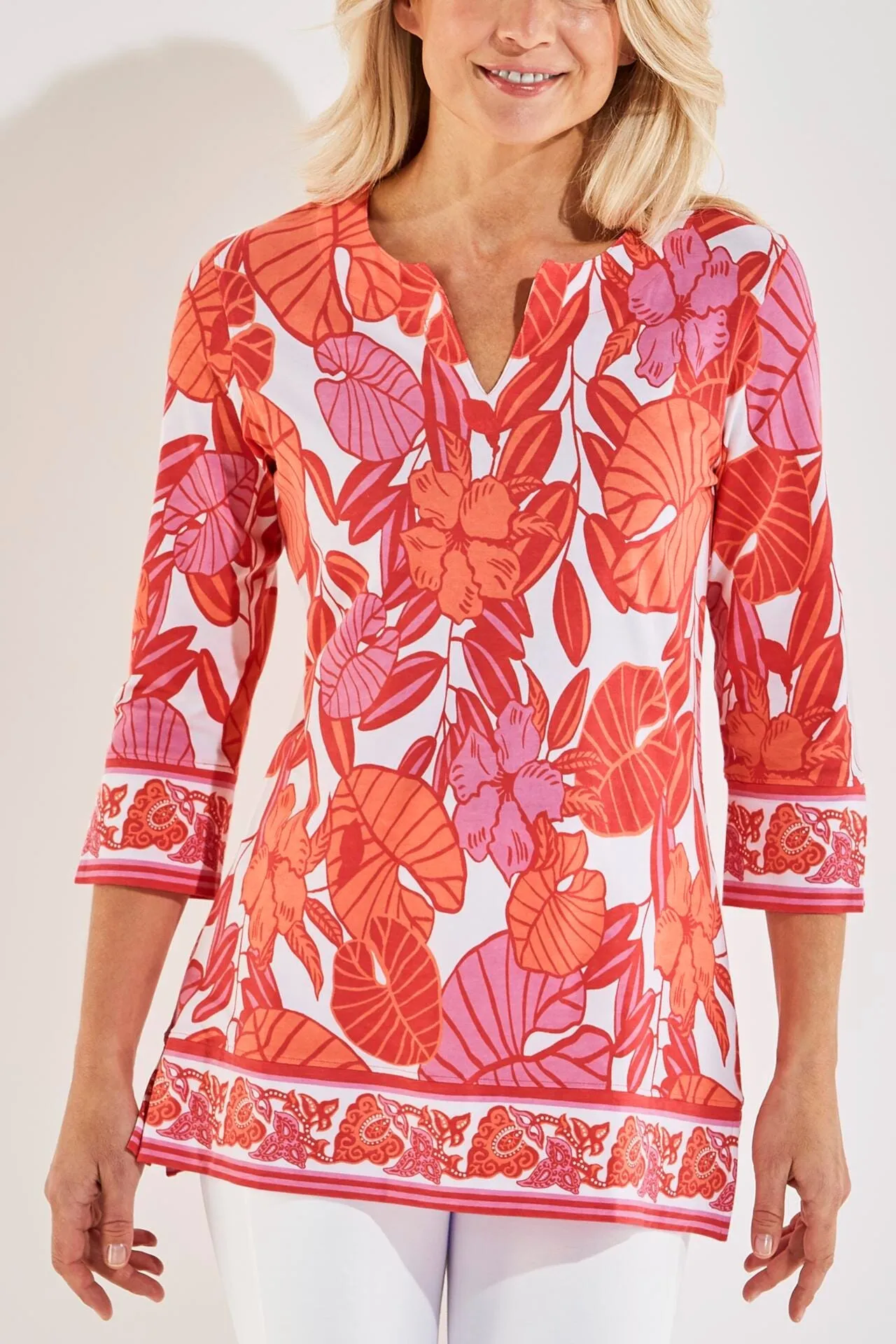 Women's St. Lucia Tunic Top  |  Radiant Coral Casia Palm