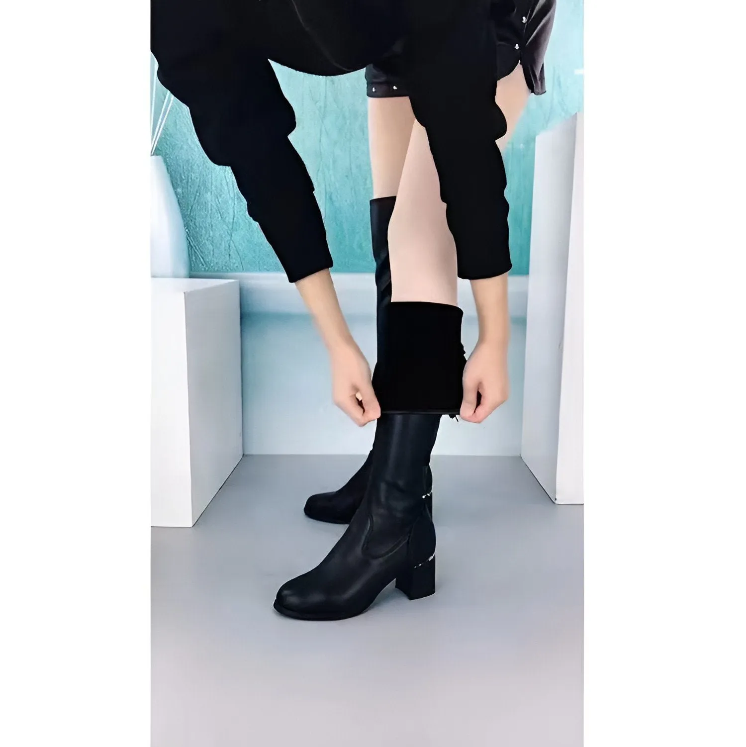 Women's Wide Calf Bow Elastic Soft Warm Short Heel Comfortable Boots